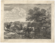 1976-3212 Prent met een voorstelling van landschappen: runderen en geiten in en bij een ondiep water in een ...