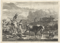 1976-3213 Tegelvoorbeeld met een voorstelling van landschappen: runderen en geiten in en bij een ondiep water in een ...