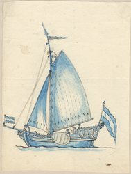 1976-3222 Tekening met een voorstelling van een zeilend jacht, van opzij gezien, voorover gebogen mast met mastwortel. ...