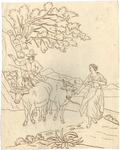 1976-3224 Tegelvoorbeeld met een voorstelling van een heuvelachtig landschap; herder te paard met twee koeien op een ...