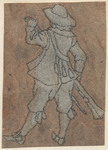 1976-3228 Tegelvoorbeeld met een voorstelling van een man met een hoed, een geweer voor zich houdend, van achteren gezien