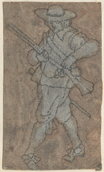1976-3235 Tekening (penseel in grijze en bruine waterverf) met een voorstelling van een soldaat naar links lopend, die ...