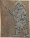 1976-3253 Tegelvoorbeeld met een voorstelling van een man naar links kijkend, een musket omhoog gericht.
