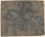 1976-3257 Tegelvoorbeeld met een voorstelling van een ridder naar links, met een gevelde speer op een rennend paard.