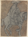 1976-3260 Tegelvoorbeeld met een voorstelling van een ruiter met grote hoed op stapvoets gaand paard.