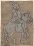1976-3264 Tegelvoorbeeld met een voorstelling van een ruiter naar rechts op een stapvoets gaand paard.