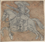 1976-3271 Tegelvoorbeeld met een voorstelling van een ruiter naar links met geweer op dravend paard.