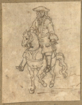 1976-3276 Tegelvoorbeeld met een voorstelling van een ruiter te paard in 18de-eeuwse kledij; frontaal naar links voor ...