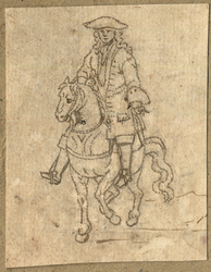 1976-3276 Tekening (pen in bruine inkt) met een voorstelling van een ruiter te paard in 18de-eeuwse kledij; frontaal ...