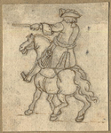 1976-3277 Tegelvoorbeeld met een voorstelling van een ruiter te paard in 18de-eeuwse kledij; paard naar links, ruiter ...