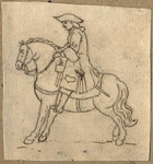 1976-3280 Tegelvoorbeeld met een voorstelling van een ruiter te paard in 18de-eeuwse kledij; paard stilstaand, naar links.