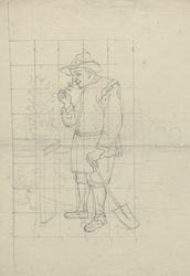 1976-3293 Tekening (potlood) met een voorstelling van een man met een spa in de hand ruikend aan een bloem. Links een ...