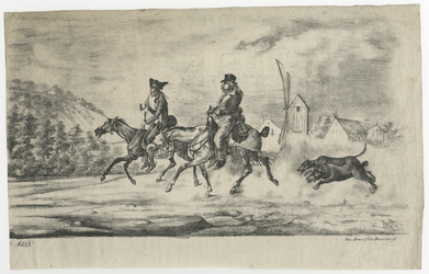 1976-3297 Litho met een voorstelling van enigszins karikaturale figuren op reis: twee mannen op dravende paarden, ...