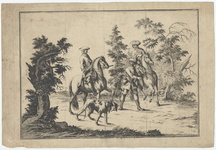 1976-3299 Tegelvoorbeeld met een voorstelling van twee jagers te paard met een knecht en een hond.