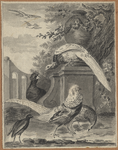 1976-3315 Tegelvoorbeeld met een voorstelling van hoeders, waaronder een pauw in een tuin met een siervaas (baardman) ...