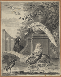 1976-3315 Tegelvoorbeeld met een voorstelling van hoeders, waaronder een pauw in een tuin met een siervaas (baardman) ...