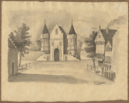 1976-3317 Tegelvoorbeeld met een voorstelling van een stadspoort. Rechts een rij huizen met houten gevels.