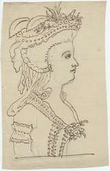 1976-3322 Tegelvoorbeeld met een voorstelling van een vrouw ter halve lijve; en profil, naar rechts. Hoed met veren en ...
