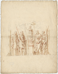 1976-3330 Tegelvoorbeeld met een voorstelling van vier mannen in Romeinse kledij bij een altaar met vuur vóór een ...