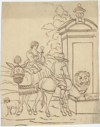 1976-3333 Tegelvoorbeeld met een voorstelling van een man en een vrouw, zittend op ezles, bij een drinkfontein met ...