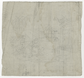 1976-3339 Tegelspons met een voorstelling van drie kegelende kinderen in een landschap of tuin met op de achtergrond ...