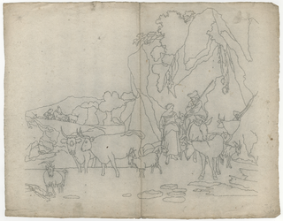 1976-3340 Tegelspons van een herder te paard en een meisje met een kudde in een rotsachtig landschap bij een watertje. ...