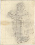 1976-3343 Tegelvoorbeeld met een voorstelling van een monnik, blote voeten in sandalen, kapmanteltje, bidsnoer aan ...