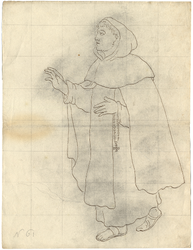 1976-3347 Tekening (pen in bruine inkt) met voorstelling van een monnik in kledij van Monniken van het Gemene Leven: ...