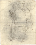 1976-3344 Tegelvoorbeeld met voorstelling van een baardige figuur die in het bos loopt te lezen, met een stok in de ...