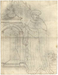 1976-3345 Tegelspons en tekening met voorstelling van een monnik behorend tot de orde van St. Basil in een lang gewaad, ...