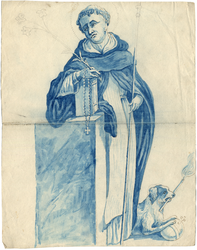 1976-3346 Tekening (pen in bruine inkt, penseel in blauwe waterverf) met voorstelling van de heilige Dominicus, geleund ...