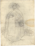 1976-3349 Tegelvoorbeeld met een voorstelling van monnik met een capuchon op het hoofdAan zijn gordel draagt hij een ...
