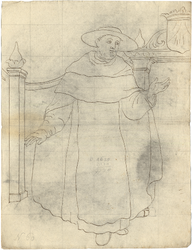 1976-3350 Tekening (pen in bruine inkt) met een voorstelling van een monnik in de kleding van de Karmelieten: met een ...