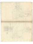1976-3354 Tegelvoorbeeld met een voorstelling van een figuur in een mantel, met hoed met opstaande randen. Op de ...