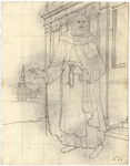 1976-3356 Tegelvoorbeeld met een voorstelling van een baardige figuur, blootshoofs, met mantel staand voor een ...