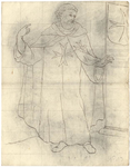 1976-3357 Tegelvoorbeeld met een voorstelling van een baardige monnik met een grote tonsuur. Ankerkruisen op de borst, ...