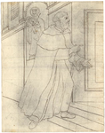 1976-3358 Tegelvoorbeeld met een voorstelling van een baardige monnik met grote tonsuur, die bij een geopende deur ...
