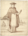 1976-3362 Tegelvoorbeeld met een voorstelling van een figuur in priesterkleding met platte hoed en brede rand. Links ...