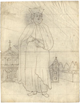 1976-3363 Tegelvoorbeeld met een voorstelling van een figuur in mantel met opstaande kraag en met hoed met opstaande ...