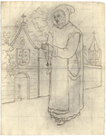 1976-3366 Tegelvoorbeeld met een voorstelling van een monnik met een capuchon op het hoofd; een bidsnoer in de gevouwen ...