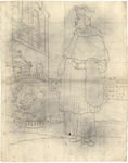 1976-3367 Tegelvoorbeeld met een voorstelling van een figuur in priesterkleding met hoed met opstaande randen. Links ...
