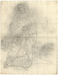 1976-3368 Tegelspons en tekening met een voorstelling van een Benedictijner monnik. Verso: dezelfde figuur, ...