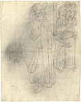 1976-3370 Tegelvoorbeeld met een voorstelling van een figuur in wjde mantel, hoed met opstaande randen. Linksachter een ...