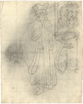 1976-3370 Tekening (pen in bruine inkt) met een voorstelling van een figuur in kleding van de Kanunniken van Sint-Joris ...