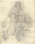 1976-3371 Tegelvoorbeeld met een voorstelling van een baardige figuur, barrevoets, in schoudermantel, met en kruis in ...