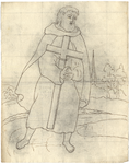 1976-3371 Tegelspons en tekening met een voorstelling van een baardige figuur, in kleding van de H. Johannes der ...