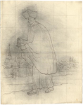 1976-3372 Tegelvoorbeeld met een voorstelling van een wandelende figuur, gekleed in een lang gewaad, waarover een ...