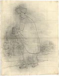 1976-3372 Tekening (pen in bruine inkt) met een voorstelling van een wandelende figuur, in kleding van de reguliere ...