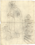 1976-3373 Tegelspons en tekening met een voorstelling van een figuur in kleding van de reguliere kanunniken van het ...