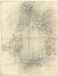 1976-3374 Tegelvoorbeeld met een voorstelling van een staande figuur in een lange mantel; een hoed met openstaande ...